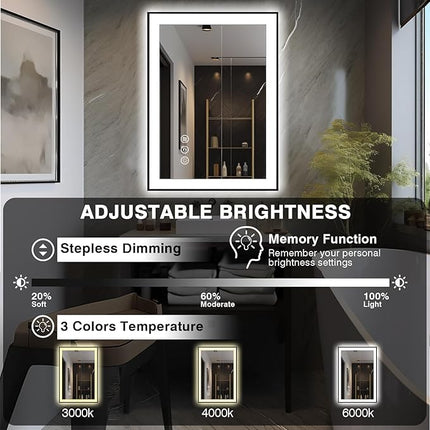24x32 LED Bathroom Mirrors for Wall -Black Aluminum Framed (Front and Backlit), Anti-Fog Vanity Mirror With Lights,Stepless Dimmable Lighted Mirror,3 Colors Smart Mirror(Horizontal/Vertical)