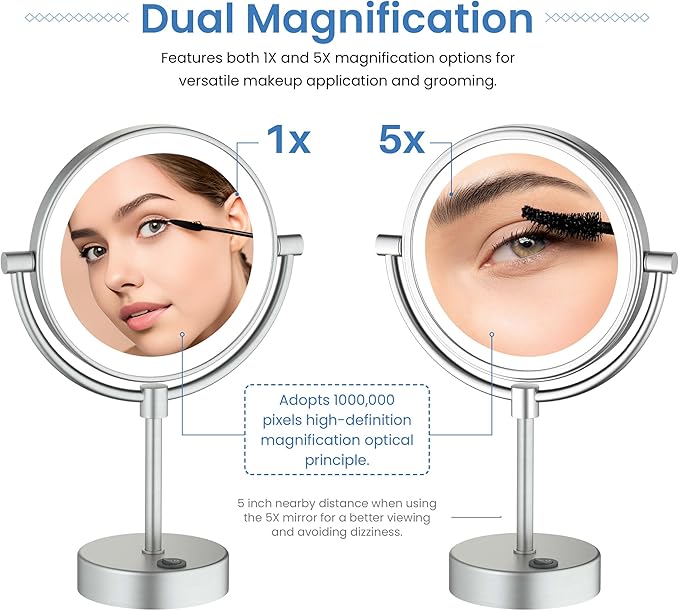 KIBI Circular Lighted Makeup Mirror with LED Lights and Magnification | 360-Degree Swivel with Adjustable Brightness, Dual-Sided Mirror for Desk with 5X Magnification (Brushed Nickel, KMM104)