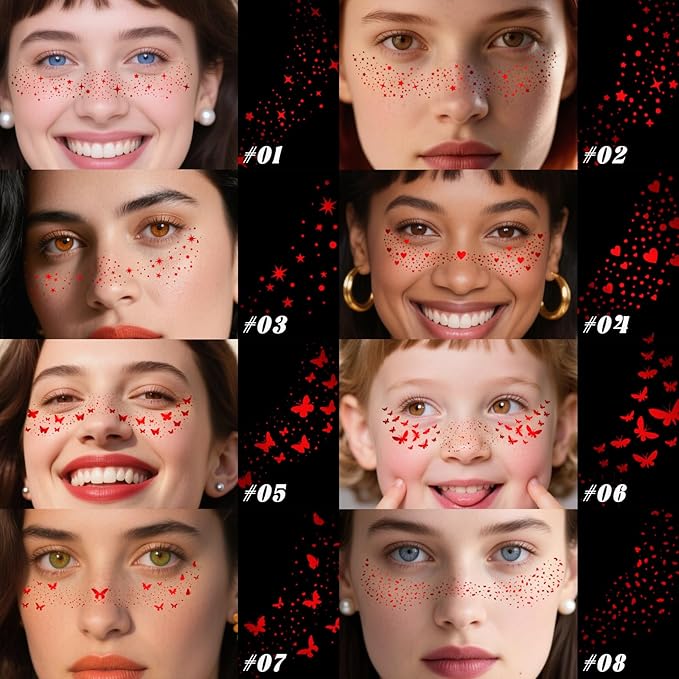 10 Styles Red Glitter Freckles Face Tattoo, Waterproof Sparkle Cute Star Butterfly Face Glitter Speckles Patches for Women, Metallic Temporary Tattoo Halloween Accessories Makeup for Rave
