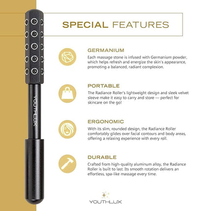 Radiance Roller – Germanium Stone Facial Massage Tool for Lifting, Sculpting, De-Puffing, Glow Boost, Energizing & Cooling Effect (Black)