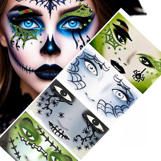 4 Pcs Halloween Face Gems Jewels, Day of the Dead Rhinestone Face Jewels Terrible Spider and Scar,Glitter Face Stickers for Women Halloween Rave Party Cosplay