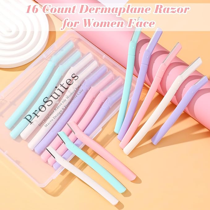 16 Count Dermaplane Razor for Women Face, Professional Facial & Eyebrow Hair Remover, Gentle Skin Exfoliation with Precision Blades， Macaroon color