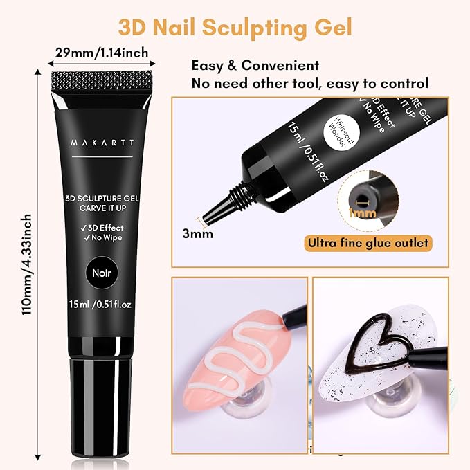 Makartt 3D Gel Nail Art: White and Black Sculpting Candy Molding Gel No Wipe Craving Embossed Gel Polish Set for Decoration Manicure Charm Designs (Whiteout Wonder & Noir)