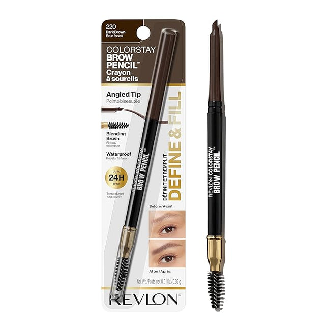 Revlon Eyebrow Pencil, Colorstay Eye Makeup with Eyebrow Spoolie, Waterproof, Longwearing Angled Precision Tip, 220 Dark Brown, 0.01 Oz