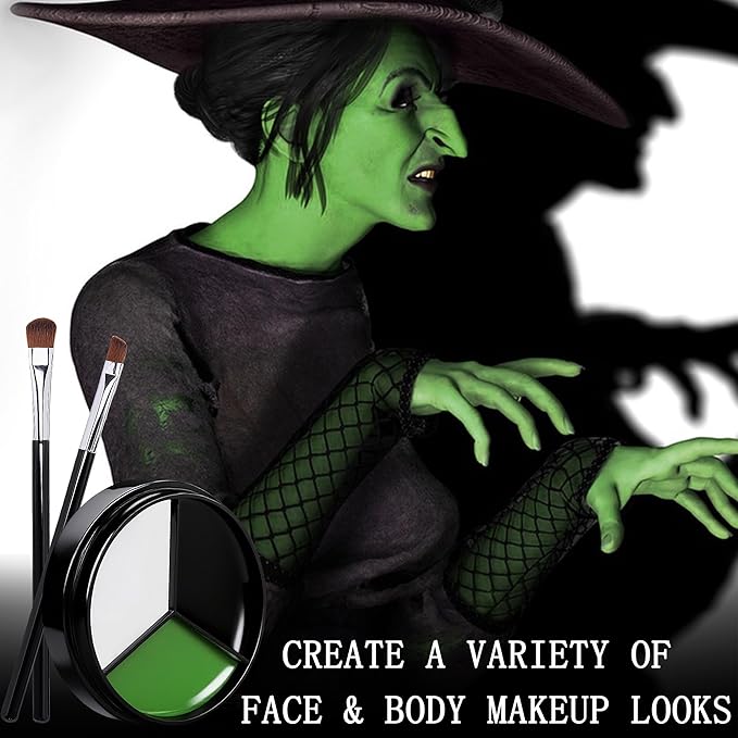 EBaokuup 3 Set Black White Green Face body Paint,3 Colors Witch Makeup Kit with Sponge and Brush,Halloween Formula Face Paint for Party Special Effect Makeup Cosplay Costume