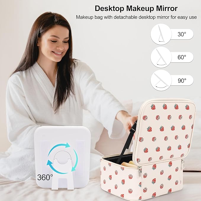 Makeup Bag With LED Mirror, Travel Makeup Case with Light up Mirror Fashion Cute Cosmetic Bag with 3 Color Lighted Portable Organizer Case with Adjustable Dividers （Strawberry/Beige,Small）