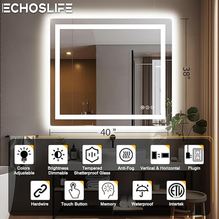 40"x38" Lighted Mirrors for Bathroom Wall, Front and Backlit, Anti-Fog LED Vanity Mirror, Shatter-Proof, 3 Colors Memory Mirror (Horizontal/Vertical)
