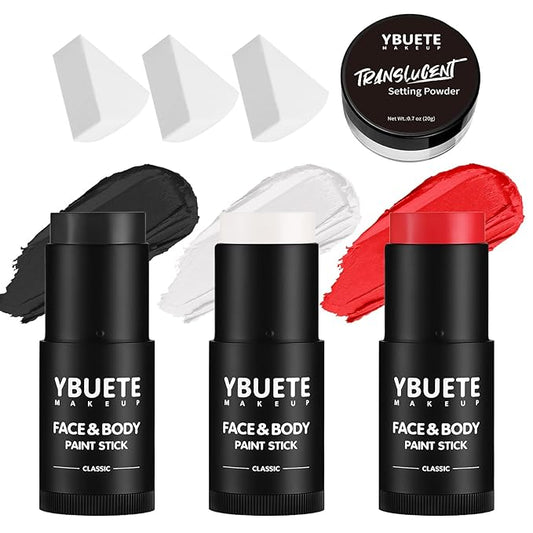 Black White Red Face Body Paint Stick Set with Translucent Setting Powder and Sponges, Professional Full Coverage Face Painting for Adults Halloween Cosplay SFX Spiderman Joker Devil Makeup