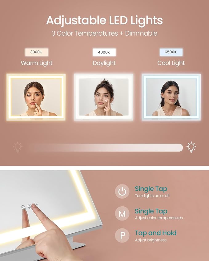 SONGMICS Vanity Makeup Mirror with Lights, Touch Control, Angle-Adjustable, Charging Ports, Detachable 10X Magnifying Mirror, 3 Color Temperatures, Dimmable, Phone Holder, Matte White ULWM002W01V1