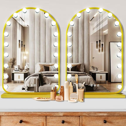 THEKLA Gold Arch Hollywood Vanity Mirror with Lights for Makeup Desk Table Wall Detachable Base Stand X10 Magnifying Dimmable 3 Color Lights 18 Bulbs