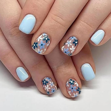 Short Fake Nails Square Press Ons Full Cover False Nails with Light Blue Flower Designs Acrylic Press Ons Artificial Glossy Stick Ons Reusable Glue Ons for Women 24 Pcs