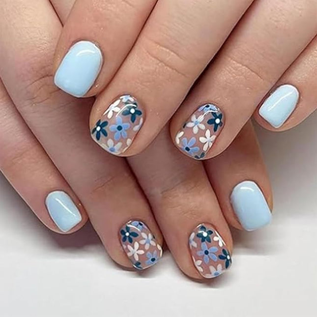 Short Fake Nails Square Press Ons Full Cover False Nails with Light Blue Flower Designs Acrylic Press Ons Artificial Glossy Stick Ons Reusable Glue Ons for Women 24 Pcs
