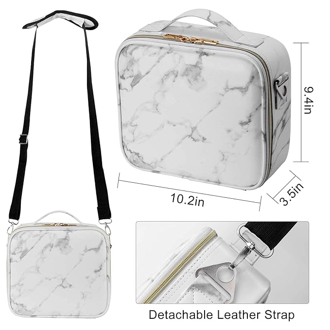 gzcz Travel Makeup Bag 10.2'' Cosmetic Bag Organizer Make up Train Case Portable Brush Artist Storage bag with Adjustable Dividers and shoulder strap for Make up Accessories (Marble White)