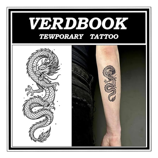 Waterproof Temporary Tattoos: 2-Sheet Tattoo Kit with Realistic Body Stickers, Semi-Permanent Tattoos for Adults Lasting 7-15 Days – Safe for Men & Women, Grid Dragon Pattern