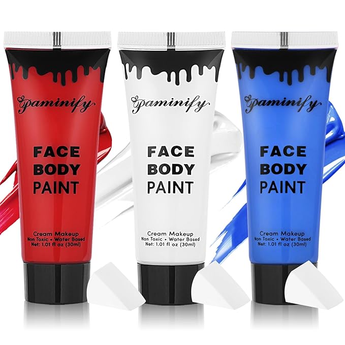 Red White Blue Face Paint Kit,4th of July USA Patriotic 1.01oz/pc Water Based Body Paint with sponges,Halloween Face Painting for Joker Clown Devil Costume Makeup