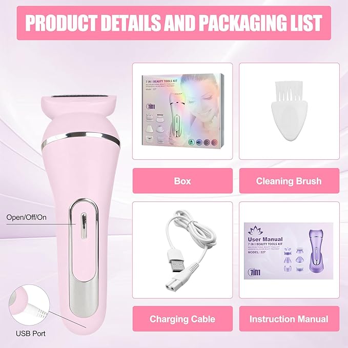 3.0 Women Face Epilator, 7-in-1 Rechargeable Facial Hair Remover with LED Battery Display, Facial Shaver for Face, Eyebrow, Nose Trimmer (Pink)