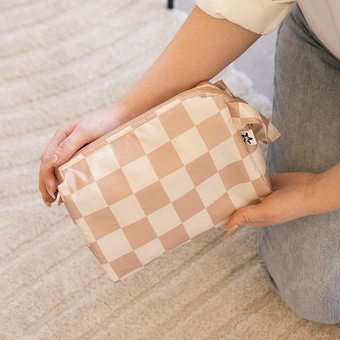 Tiny Twinkle Travel Waterproof Makeup Bag | Travel-Friendly Cosmetic Organizer with Convenient Carry Handle | Spacious Interior, and Secure Zipper Closure (Beige Checkers)