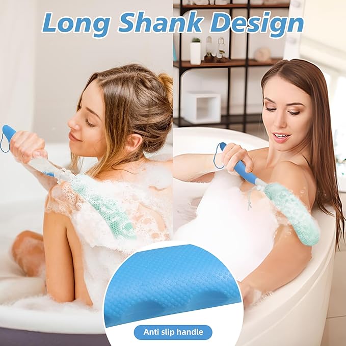 Back Scrubber for Shower，Mesh Sponge Body Shower Brush with Long Handle for Use in Shower Back Scrubber,Back Scrub for Exfoliating Body Scrubber or Shower Brush (Blue and White)