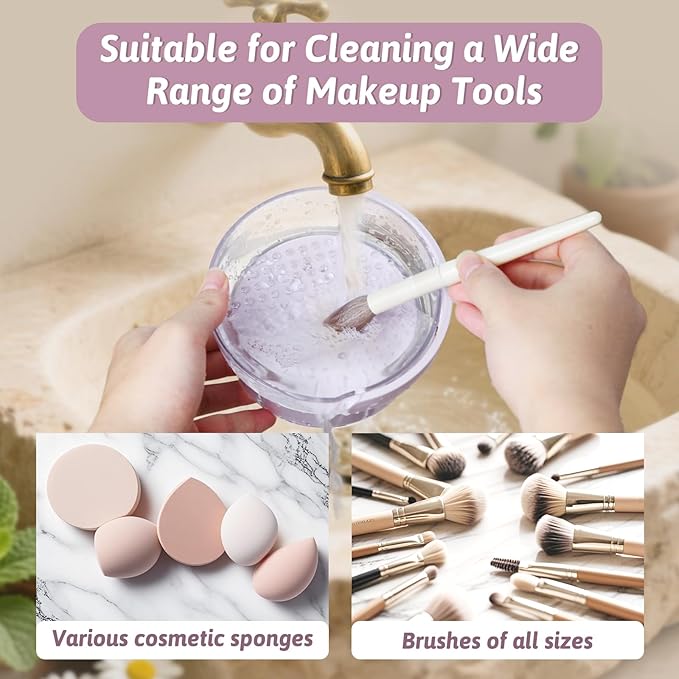 KAYUSO 3 in 1 Makeup Brush Cleaner Bowl and Dryer, Silicone Simply Makeup Brush Cleaner Mat, Waterproof Makeup Brush Holder with Lid, Cosmetic Tools Organizer (Purple)