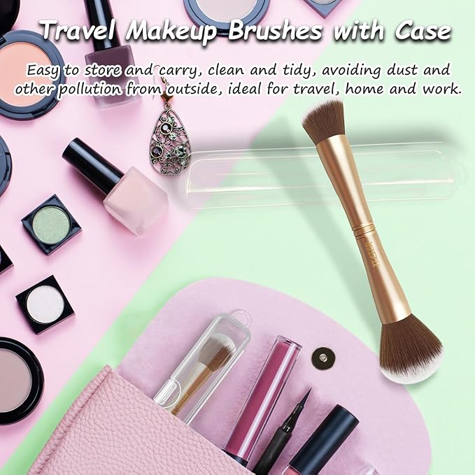 4 in 1 Makeup Brush Set, Travel Makeup Brushes with Case, Foundation Brush/Blush Brush, Eyeshadow Powder Brush,Concealer Brush (gold-plastic case)