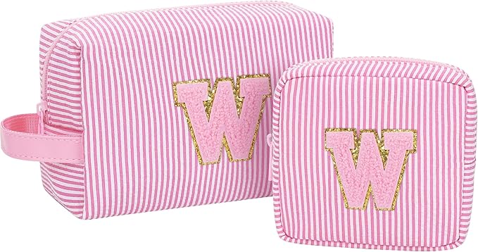 MONSTINA Personalized Initial Makeup Bag for Women,Make Up Case for Girlfriend Bridesmaid Wife,Birthday Gift for Her Cute Toiletry Bag,2PCS,Pink W