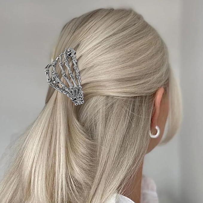 2 Pcs Halloween Hair Clips Black Sliver Skeleton Hand Hair Claw Clips Metal Non Slip Hair Claw Gothic Claw Clip Halloween Hair Accessories for Women's Thick or Thin Hairs