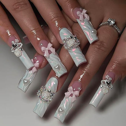 RUOKEXIN Long Square Press-on French Tip False Nails with 3D Flower Bow Heart Designs - Sparkly Artificial, Glue-on Nails - Cute Stick-on - 24pcs