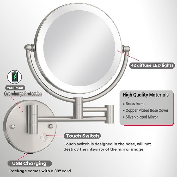 8 Inch Rechargeable Brass Lighted Magnifying Mirror Wall Mounted, 1X/5X Double-Sided Bathroom Personal Makeup Mirror with Light, Brushed Nickel