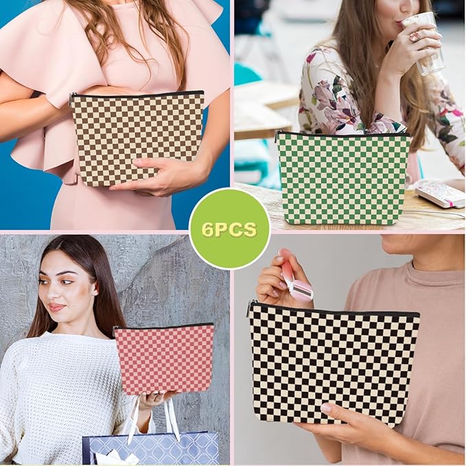 6 Pcs Checkered Makeup Bags Make up Bag Cosmetic Bags for Women Girls Sister Bridesmaid Friendship Christmas Birthday Travel Toiletry Bag Aesthetic Zipper Organizer Accessories, Cute Retro Plaid