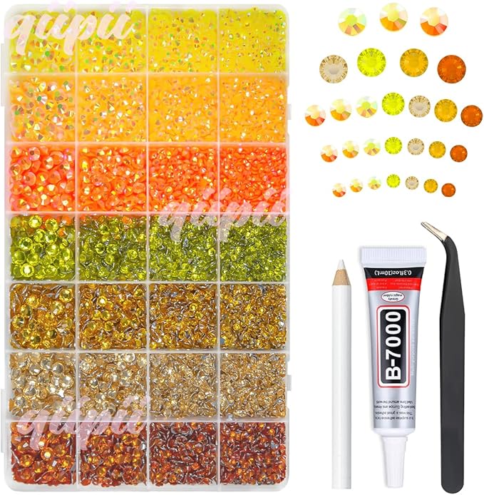 28 Types Yellow Jelly Resin Rhinestones w B7000 Jewelry Glue for Bedazzling Crafting 3mm-6mm Flatback Colorful Orange Stones Gems Diamonds for Face Eyes Makeup DIY Crafts Tumblers Bottles Shoes