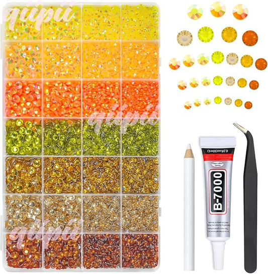 28 Types Yellow Jelly Resin Rhinestones w B7000 Jewelry Glue for Bedazzling Crafting 3mm-6mm Flatback Colorful Orange Stones Gems Diamonds for Face Eyes Makeup DIY Crafts Tumblers Bottles Shoes