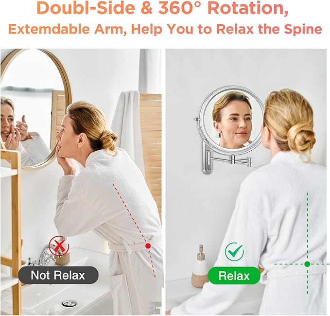 Wall Mounted Makeup Mirror - 8.5in Double Sided Makeup Mirror with Extended Arm,1X/15X Magnifying Mirror for Makeup or Shaving - Chrome, No Lights