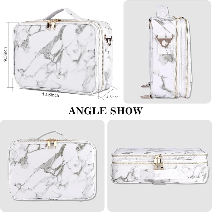 JOURMON Travel Makeup Case 3 Layers Makeup Train Case Marble Makeup Bag Organizer Portable Artist Storage Bag with Adjustable Dividers and Shoulder Strap (Marble white)