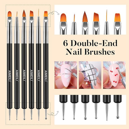 AIMEILI Nail Dotting Tools for Gel Nail Polish Nail Art, 6PCS Double-ended Liner Brushes Design Pen French Nail Brush DIY Manicure Tools Gift