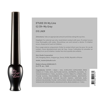 ETUDE OH M'EYE LINE Liquid Eyeliner - Waterproof, Smudgeproof & Long lasting|Quick Drying Eye Liner|Easy & Precise Application|Lasts Up To 10 Hours|Korean Makeup| Gray,5ml