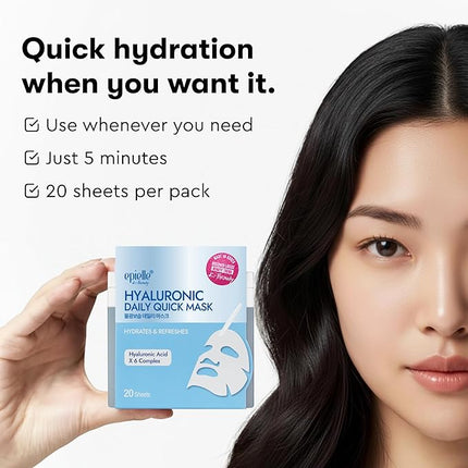 Epielle Hyaluronic Acid Korean Face Masks 20 Pack - 6x HA Complex Hydrating Sheet Masks for Anti Aging & Dry Skin, Stocking Stuffers for Women
