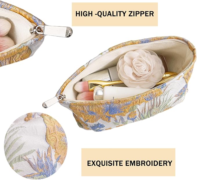 2 Pcs Makeup Bags, Large Cosmetic Bag Travel Toiletry Bag Organizer for Women, Embroidery Craft, Floral Makeup Bag Small Cosmetic Pouch Purse with Zipper Gifts for Girls Teen