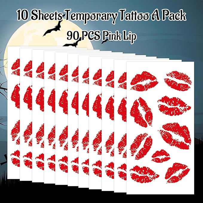 Red Lip Temporary Tattoo 10 Sheets, Lip Print Stickers Self Adhesive, Face Body Waterproof Bright Color Kisses Sticker, Costume Accessories Birthday Party Decorations