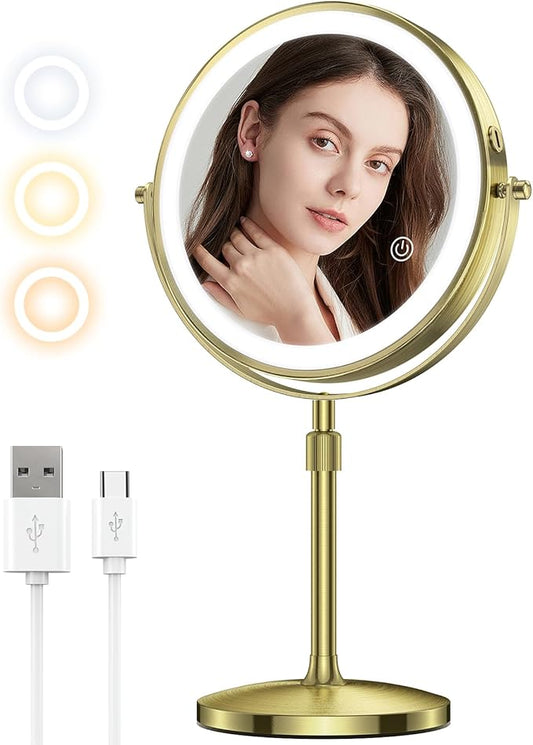 MILPROX 8 Inch Makeup Mirror with 10X Magnification & 3 Color Lights, Adjustable Brightness & Height, Rechargeable Double Sided 1X 10X Magnifying Mirror, Lighted Makeup Mirror Touch Sensor - Gold