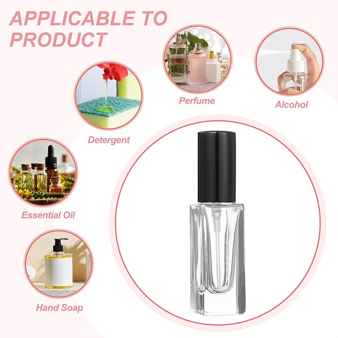 uxcell 5ml Glass Mini Perfume Bottles, 20Pcs Fine Mist Bottle Refillable Empty Mini Spray Bottles with Aluminized Nozzle for Perfume, Travel Liquid, Essential Oil(Square, Clear/Black)