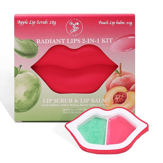 2 in 1 Lip Care Kit with Apple Lip Scrub Exfoliator 28g and Peach Balm Moisturizer 20g – Intense Hydration Set for Dry, Chapped, Cracked Lips (48g)