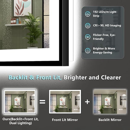 40x30 Black Framed LED Bathroom Mirror with Lights, Backlit + Front Lit, Anti-Fog Lighted Vanity Mirror for Bathroom Wall with 3 Colors, Dimmable, Memory, Tempered Glass, Horizontal/Vertical
