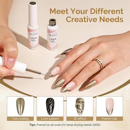 MelodySusie 8ML Bronze Gold Gel Liner Nail Art Polish Mirror Chrome 3D Effect,for Line and Patterns of Painting,French Nail Tips,DIY Manicure Pedicure for Home DIY Salon Use