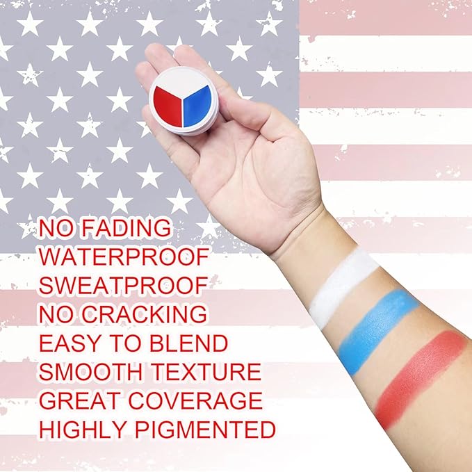 Red White Blue Face Body Paint, Halloween SFX Cosplay Clown Makeup, American Flag 3 Colors Prides Face Painting for Patriotic Veterans Day Independence Day 4th of July,Joker Makeup,12g