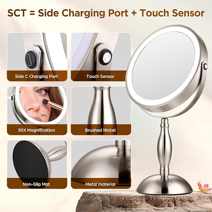 Makeup Mirror with Lighted, 30x Magnifying Mirror with 3 Lights Colors, Vanity Mirror Brushed Nickel - 360° Rotation, Brightness Adjustable Magnification, Modern Style Side Touch + Side Charge