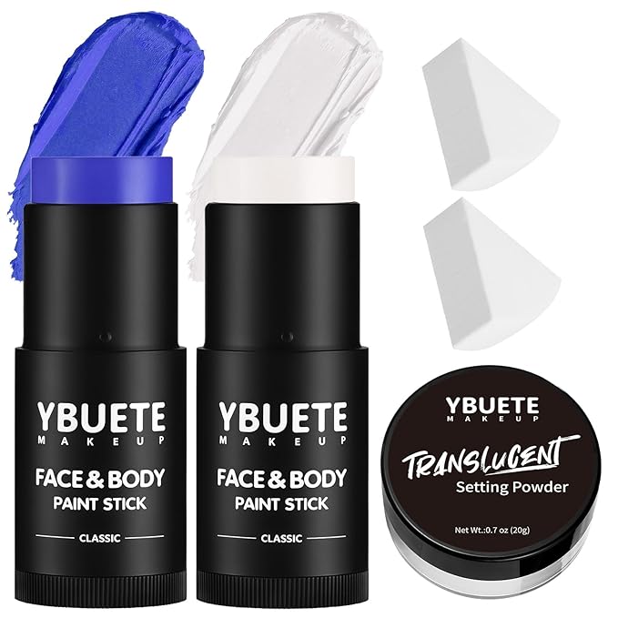 White Blue Face Body Paint Stick Set with Translucent Setting Powder and Sponges, Professional Full Coverage Face Painting for Adults Halloween Cosplay SFX Avatar Corpse Bride Skull Makeup