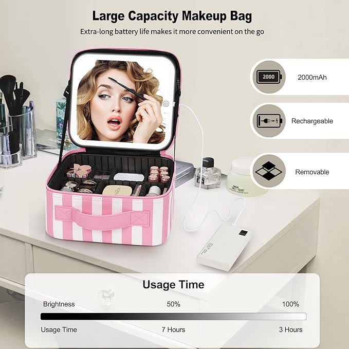Makeup Bag With LED Mirror, Travel Makeup Case with Light up Mirror Large Cosmetic Case with 3 Color Lighted Portable Organizer Bag with Adjustable Dividers (Pink/White Stripes, Small)