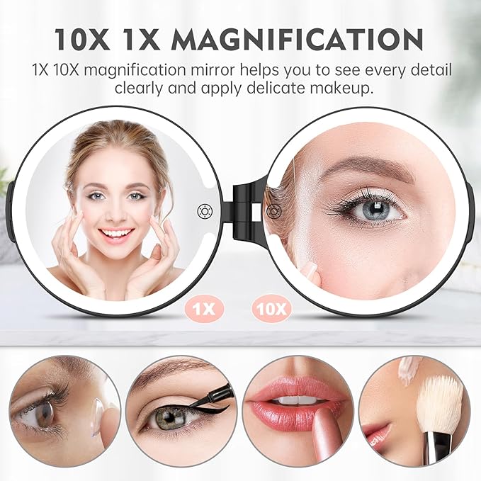 FUNTOUCH Travel Mirror with Light, 1X/10X Rechargeable Makeup Mirror with Magnifying, 7'' Double Sided 3 Color Lighting Modes for Travel Essential, Portable Vanity Mirror, Black