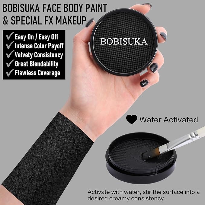 BOBISUKA Black Face Body Paint, Water-Based Face Painting Kit & Body Paints, Kids Adults Facepaint for Halloween Clown Goth Skeleton Skull SFX Makeup, Costume Cosplay Party Art Theater & Stage