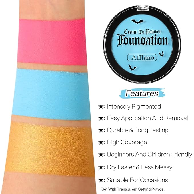 Light Blue Face Body Paint Cream to Powder Foundation Makeup, Professional Blue Cream Face Painting for Kids & Adults, Greasepaint for Halloween FX, Theater, Sally Makeup, Corpse Bride, Smurf, Cosplay